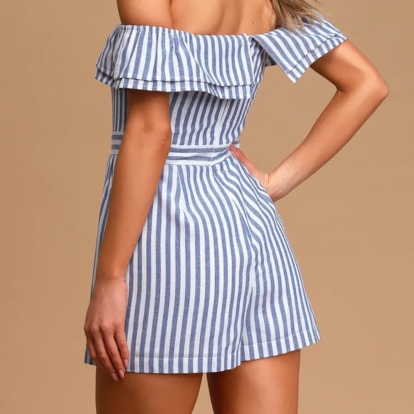 Lulu’s Blue Striped Off-the-Shoulder Romper - Picture 3 of 12